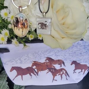 HORSE pouch, horse keychain and handcrafted glass horse pendant.Nwt*
